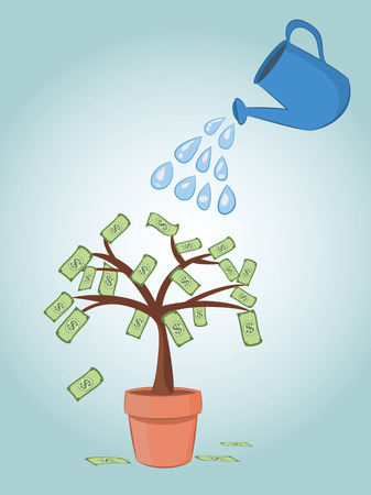 vector illustration of blue can watering  dollar banknote money tree in pot. business finance money investment concepts.のイラスト素材