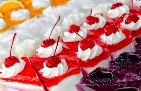 close-up shot of sweet delicious cherry cakeの写真素材