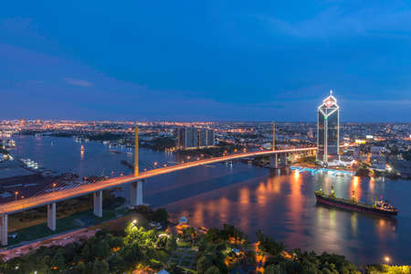 Bangkok City Rama 9 Bridge Chao Phraya River のeditorial素材