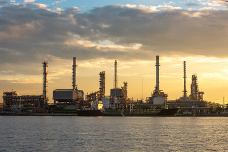 Oil refinery with port  oil into oil tankers Shipsのeditorial素材