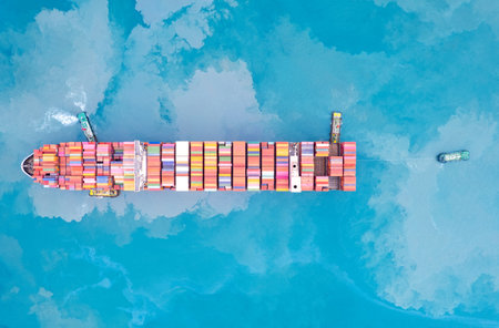 Top view of International Container ship loading, unloading at sea port, Freight Transportation,...