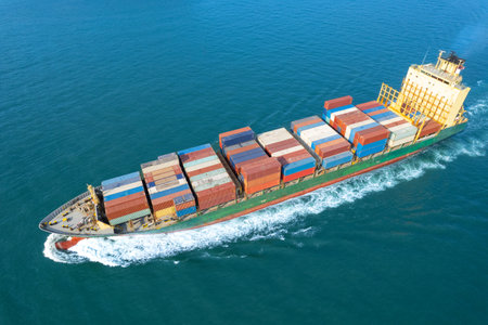 Top viewContainer ship loading and unloading in sea port, Aerial view of business logistic import...