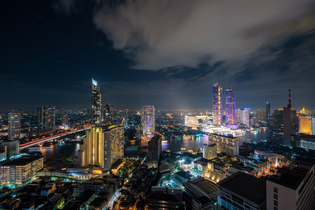 Aerial view of Bangkok skyline and skyscraper in Bangkok downtown. Panorama  over Chao Phraya River Bangkok Thailand at sunset.の写真素材