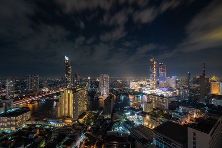 Aerial view of Bangkok skyline and skyscraper in Bangkok downtown. Chao Phraya River Bangkok Thailandの写真素材