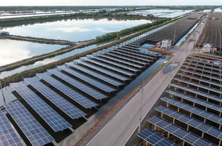 Top view of solar panels (solar cell) in solar farm  energy clean energy green energy solar park...