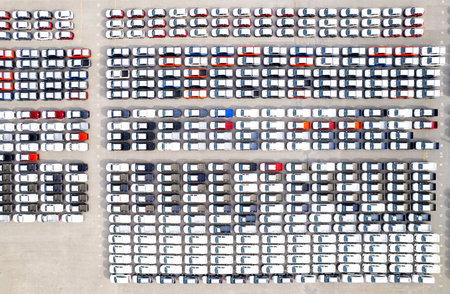 Aerial top view photo from flying drone, New parking lot ready for boat for import export around in the world transport At the deep sea portの写真素材