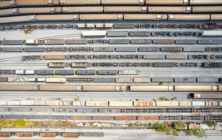 Aerial top view Passenger and freight trains on the railway yard for transportation background. wagons with goods on railroad.の写真素材