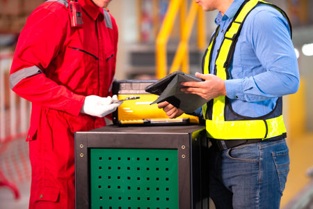 Electric train engineer and technician using repair tools of the electric train industry There is an electric train in the train repair factoryの写真素材