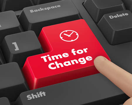 Timeline concept: computer keyboard with Clock icon and word Time for Change on enter button background, 3d render Timeline concept: computer keyboard with Clock icon and word Time for Change on enter button background, 3d render