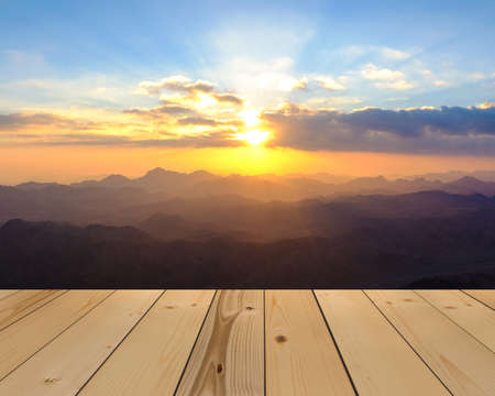 Amazing Sunrise at Moses (Sinai) Mountain and wooden floorの写真素材