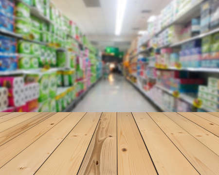 Wood floor and Supermarket blur background, Product display, template, business conceptの写真素材