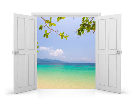 3D summer on the beach and door openの写真素材