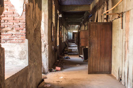 wide angle view of an old wall abandoned buildingの写真素材