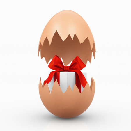 Easter Concept. Broken  Egg with Gift Box Inside isolated on white background