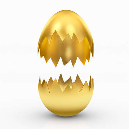 Happy Easter Concept. Empty Broken Big Golden Egg isolated on white backgroundの写真素材