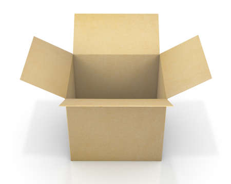 Opened cardboard box package, isolated, white background 3d rendering