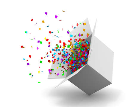 Opening Gift Box and Confetti. Illustration 3d rendering