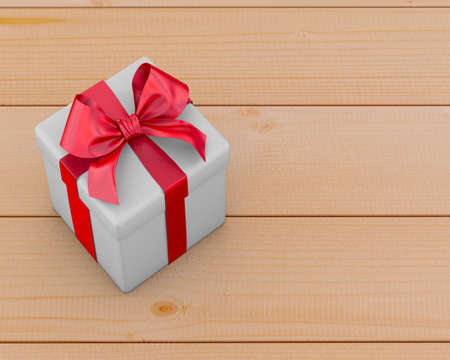 Gift box with red bow on wood background 3d rendering