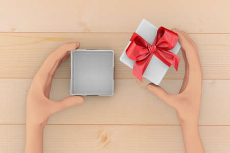 hands open gift box on wooden background top view 3d rendering