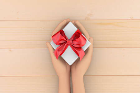 hands holding gift box on wooden background 3d renderingの写真素材