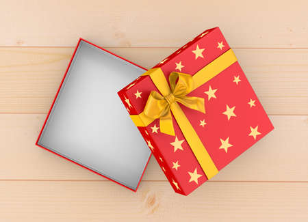 gift box for Christmas, New Year's Day ,Open red yellow gift box top view wood table background 3d...