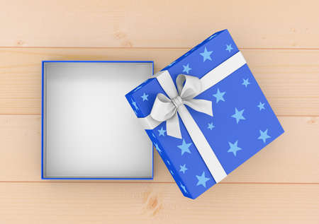 gift box for Christmas, New Year's Day ,Open blue gift box top view on table background 3d renderingの写真素材