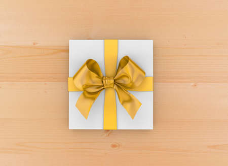 gift box Christmas, New Year's Day , yellow gift box top view on table background 3d renderingの写真素材
