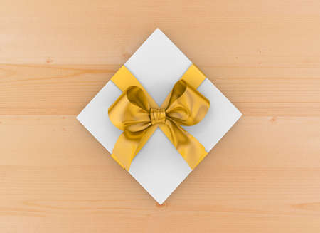 gift box Christmas, New Year's Day , yellow gift box top view on table background 3d renderingの写真素材