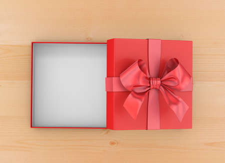 Christmas, New Year's Day ,Open red gift box top view on wood table background 3d rendering