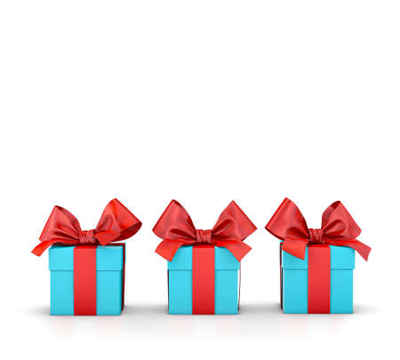 Christmas and New Year's Day , group three blue sky red gift boxes white background 3d renderingの写真素材