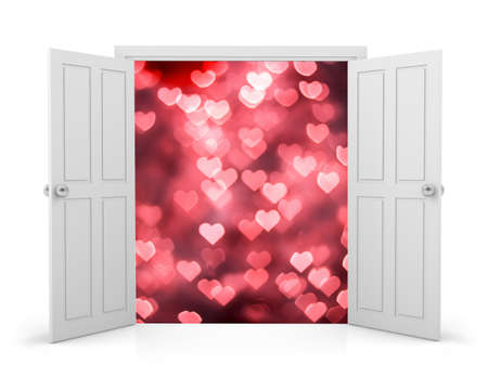 3d rendering white double door open heart bokeh in side on white backgroundの写真素材