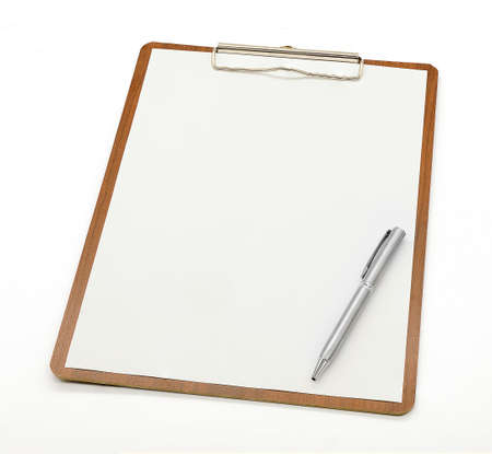 A wooden clipboard with a blank piece of paperの写真素材