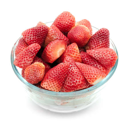 Bowl with strawberry, on white backgroundの写真素材