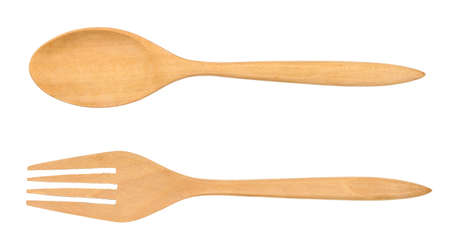 Wooden spoon and fork white backgroundの写真素材