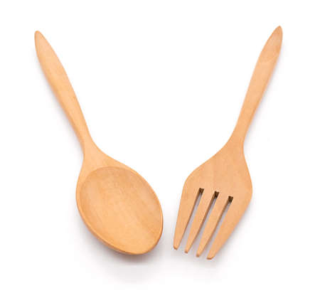 Wooden spoon and fork white backgroundの写真素材