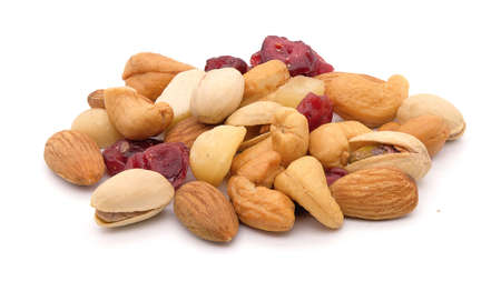 Mixed nuts  on white wood background.の写真素材