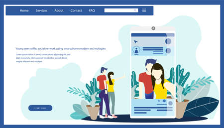 Young teen selfie. social network using smartphone modern technologies infographic template.のイラスト素材