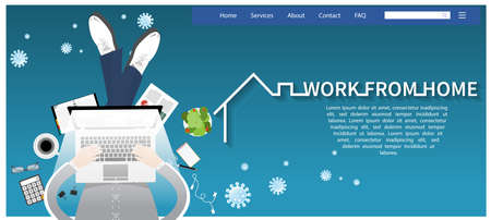 Businessman sit work with laptop work from home to protect from COVID-19 virus outbreak spreading concept. Technology Contact Communication Online Infographic template.のイラスト素材