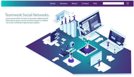 Business  man and  Lady  teamwork social networks. Brainstorming,Contact communicate  with Laptop,Computer, Flat 3d, isometric, banner, Website banner, infographic template.のイラスト素材