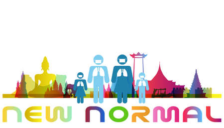 Landmark  Thailand Gradient, Logo people  Wear a mask and Text New Normal - Illustration after the COVID-19 situation.のイラスト素材