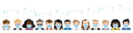 Style set Multiracial people wearing ppe masks for coronavirus covid -19 protection Group Of People, Safety, Adult.のイラスト素材