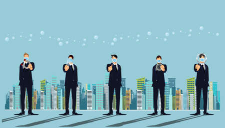 Businessman  Brainstorming  5  person wear mask contact communicate should have Social distancing,  Illustration after the COVID-19 situation.のイラスト素材