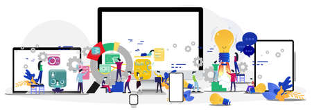 Group Businessman and Lady  contact technology Smart watch,  Smart Phone, Tablet, Laptop, Computer,for Startup success with  group analysts working graphs creativity.のイラスト素材