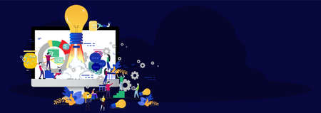Group Businessman and Lady  contact technology  computer,for Startup success with  group analysts...