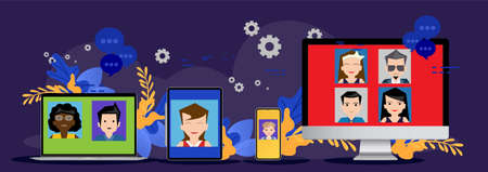 Group Businessman and Lady  contact technology  Smart Phone, Tablet, Laptop, Computer, flat design concept video conference, online meeting.のイラスト素材