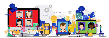 Group Businessman and Lady  contact technology.video conference, online meeting.Startup success with  group analysts working graphs creativity.のイラスト素材