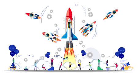 Businessman and Lady group Brainstorm working for Rocket  5 model Startup success modern Creativity...