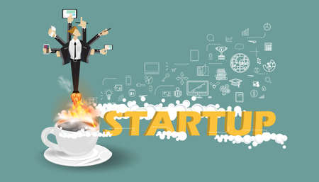 Businessman with  rocket Contact communicate Technique - Coffee cup and Fire - creative illustration of business startup - icon business plan  data - style design  modern Idea and concept illustrationのイラスト素材