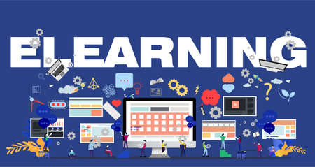 Man and woman think analyze creative work with  ELEARNING Text, flat design illustration Creativity modern Idea and Concept Vector.&#xD;&#xA;のイラスト素材