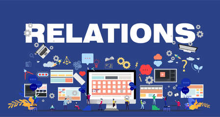 Man and woman think analyze creative work with RELATIONS Text, flat design illustration Creativity modern Idea and Concept Vector.&#xD;&#xA;のイラスト素材